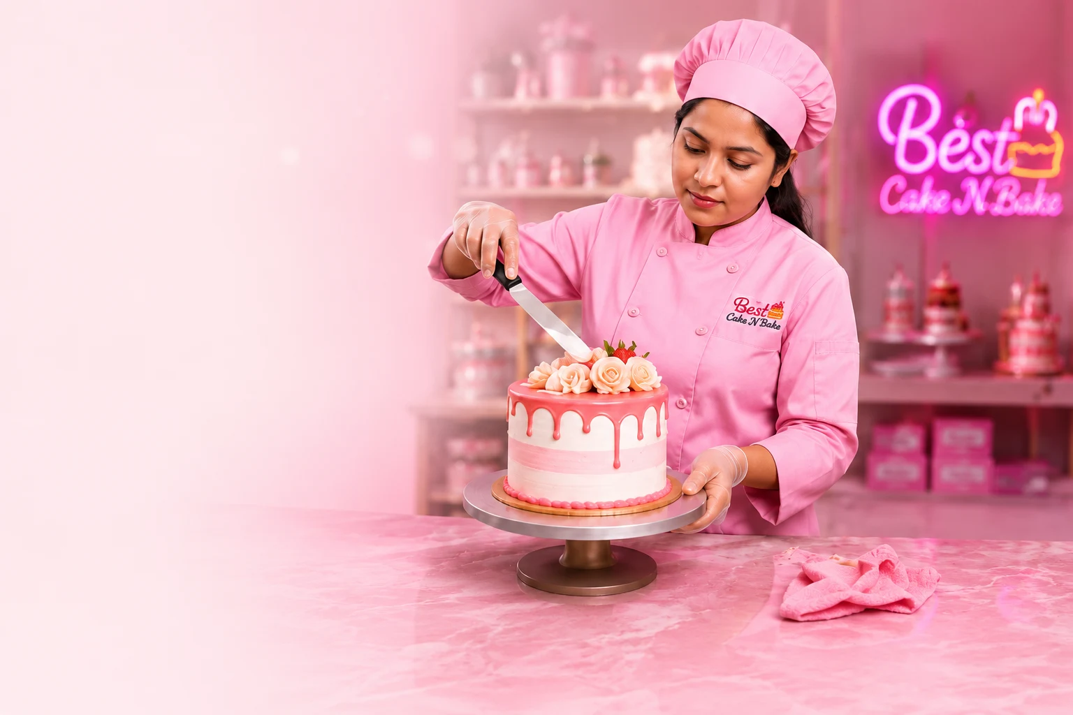 Chef Masuma Akter decorating a premium cake at the Best Cake N Bake studio