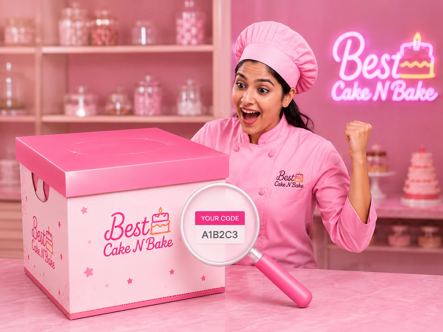 Best Cake N Bake — chef holding pink rose cake with branded box