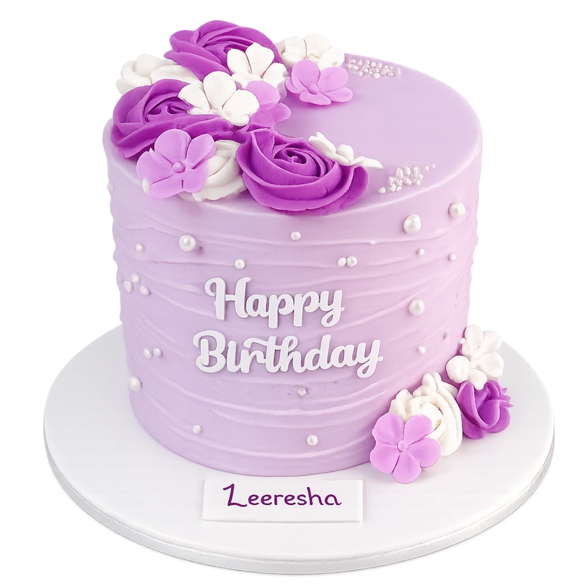 Lavender Floral Tall Birthday Cake with Name Plaque