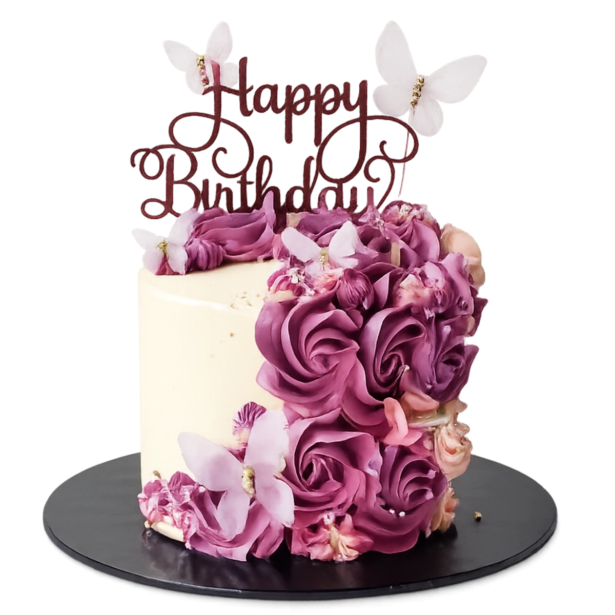Mauve Floral Cascade & Butterfly Aesthetic Birthday Cake